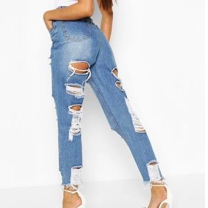 High Rise Distressed Mom Jeans from Boohoo